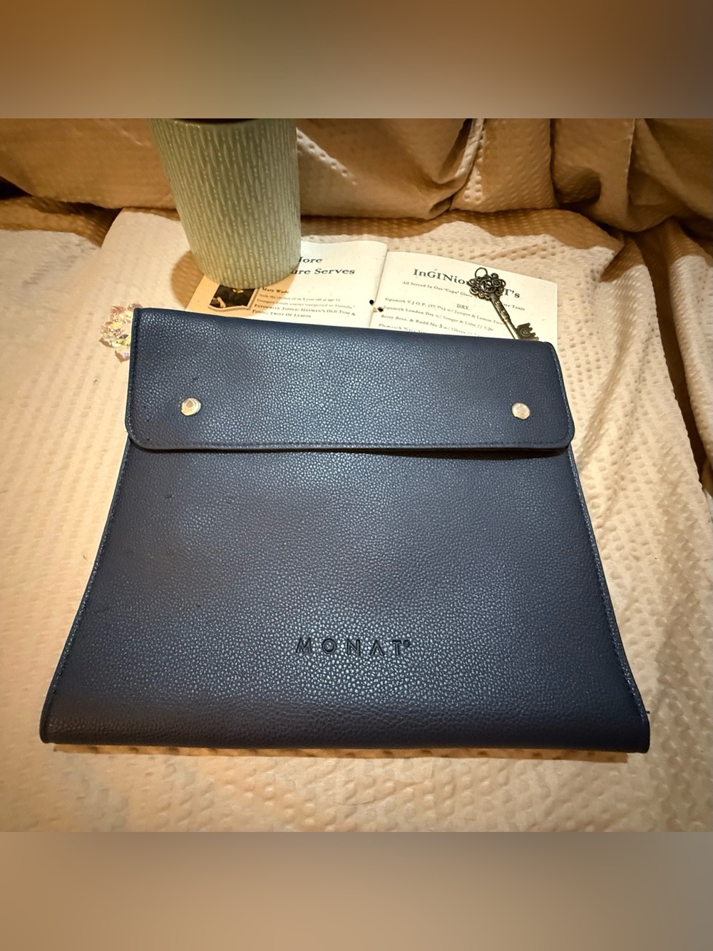 MONAT Black Leather Padfolio Portfolio Organizer Folder Snap Closure